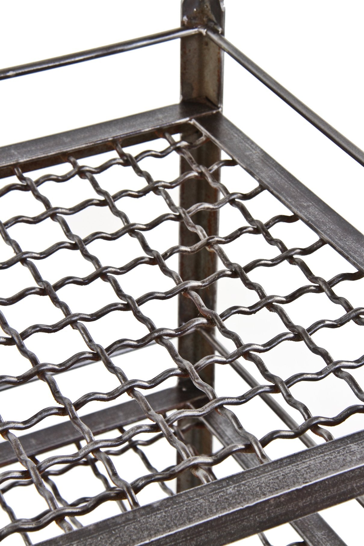 unusual late 1920's american antique industrial three-tier welded joint stationary rack or stand with heavy gauge corrugated wire shelves and rail guards