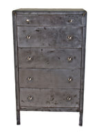 brushed and sanded bare metal stationary depression era american industrial cold-rolled steel simmons multi-drawer dresser supported by tubular legs