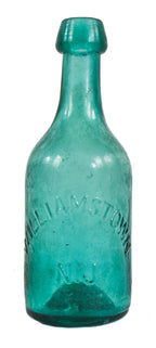 original and intact teal blue iron pontiled soda bottle manufactured in williamstown, new jersey.