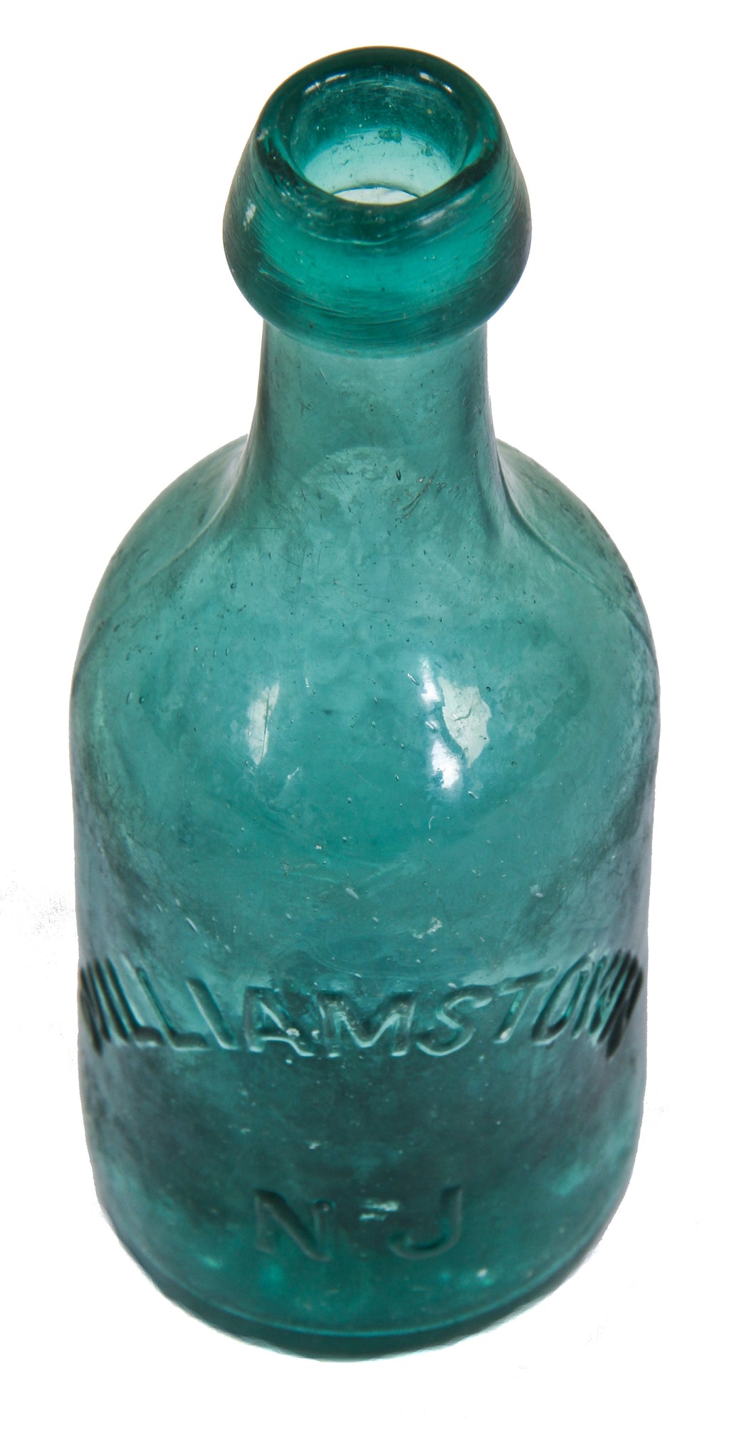original and intact teal blue iron pontiled soda bottle manufactured in williamstown, new jersey.