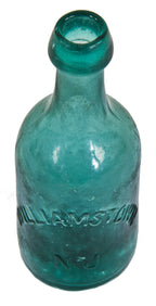 original and intact teal blue iron pontiled soda bottle manufactured in williamstown, new jersey.