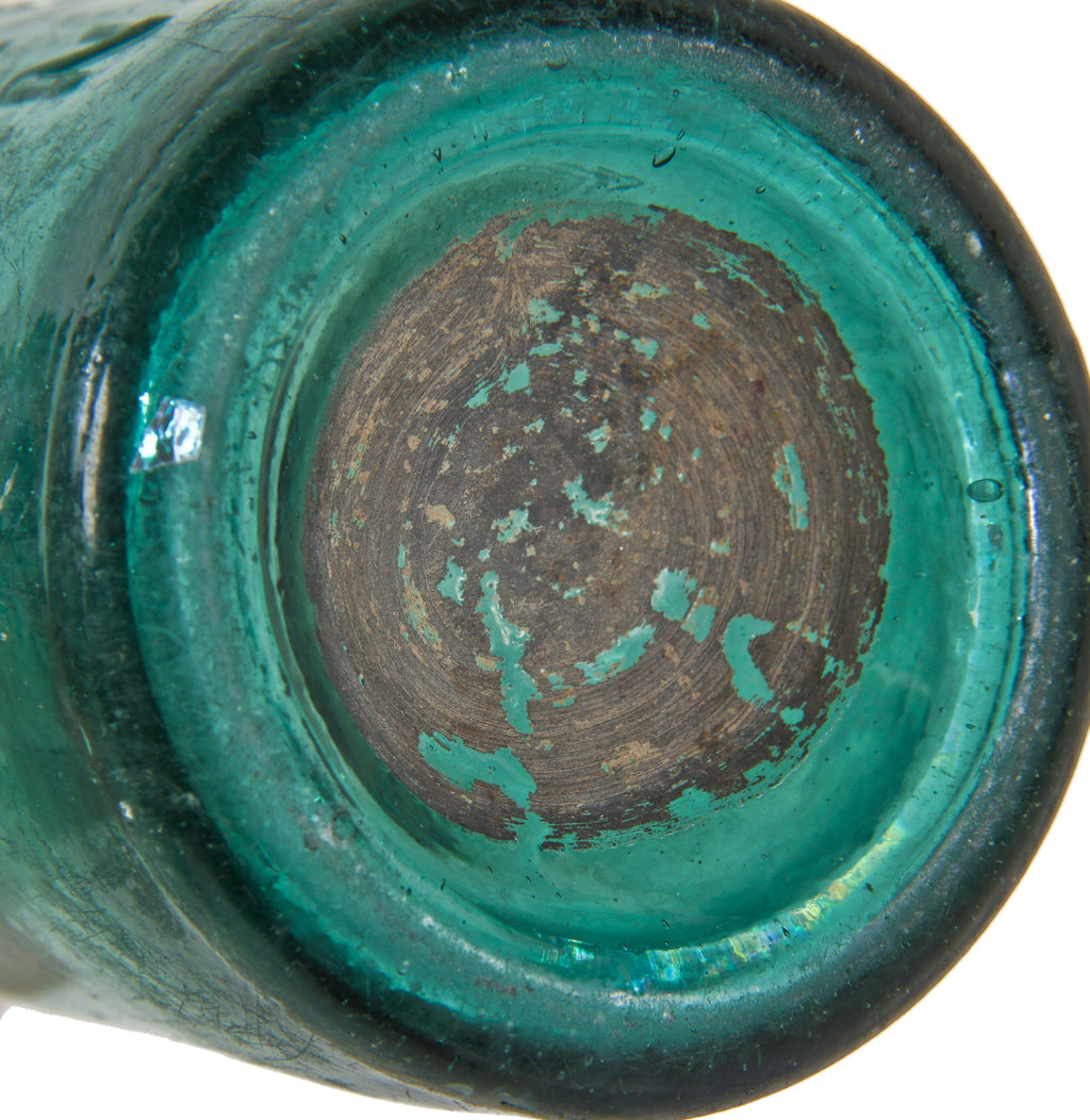 original and intact teal blue iron pontiled soda bottle manufactured in williamstown, new jersey.