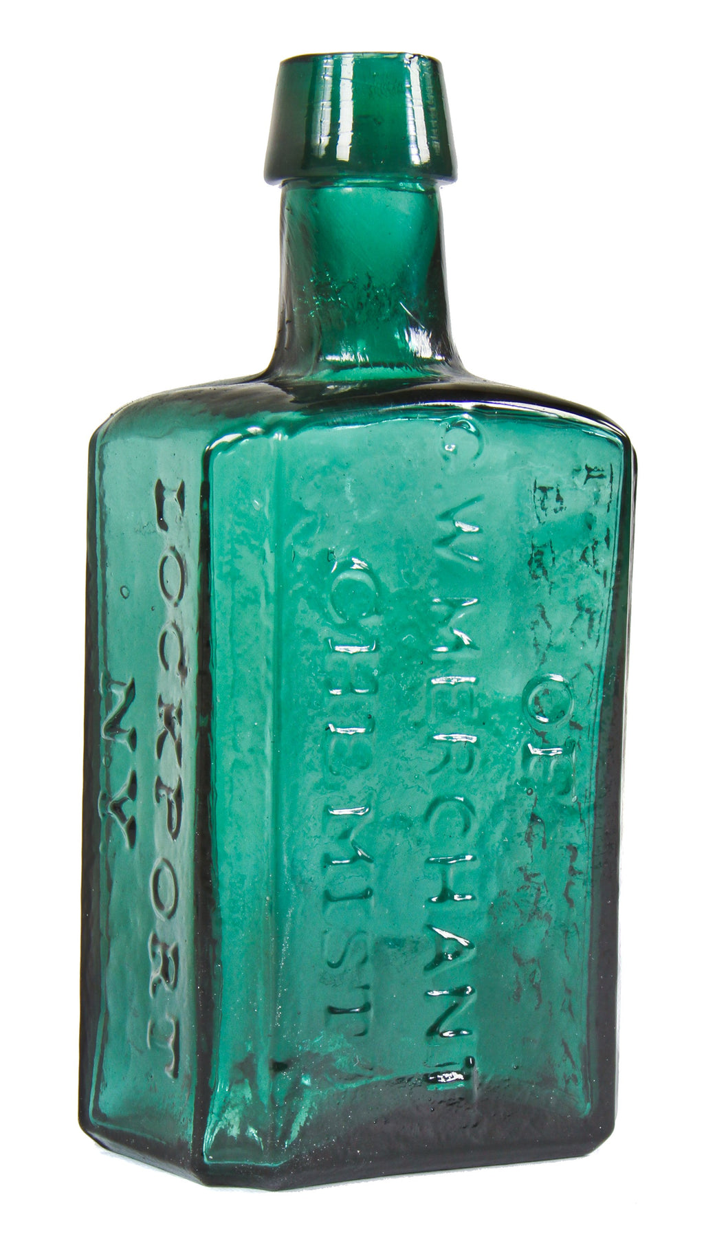 rare original mid-nineteenth century vibrantly colored "lockport green" apothecary glass chemist bottle manufactured by george w. merchant in lockport, n.y.