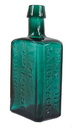 rare original mid-nineteenth century vibrantly colored "lockport green" apothecary glass chemist bottle manufactured by george w. merchant in lockport, n.y.