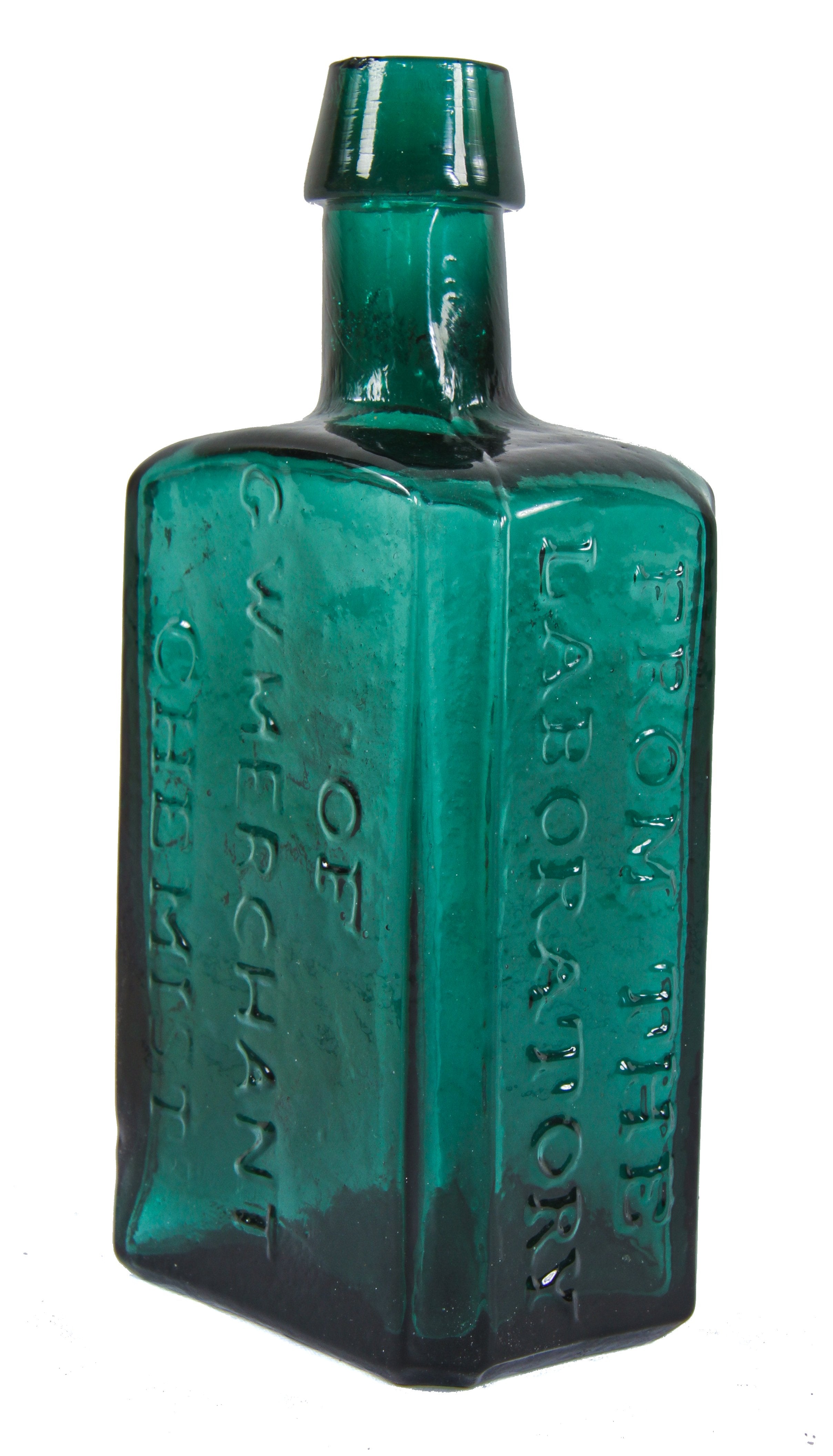 rare original mid-nineteenth century vibrantly colored "lockport green" apothecary glass chemist bottle manufactured by george w. merchant in lockport, n.y.