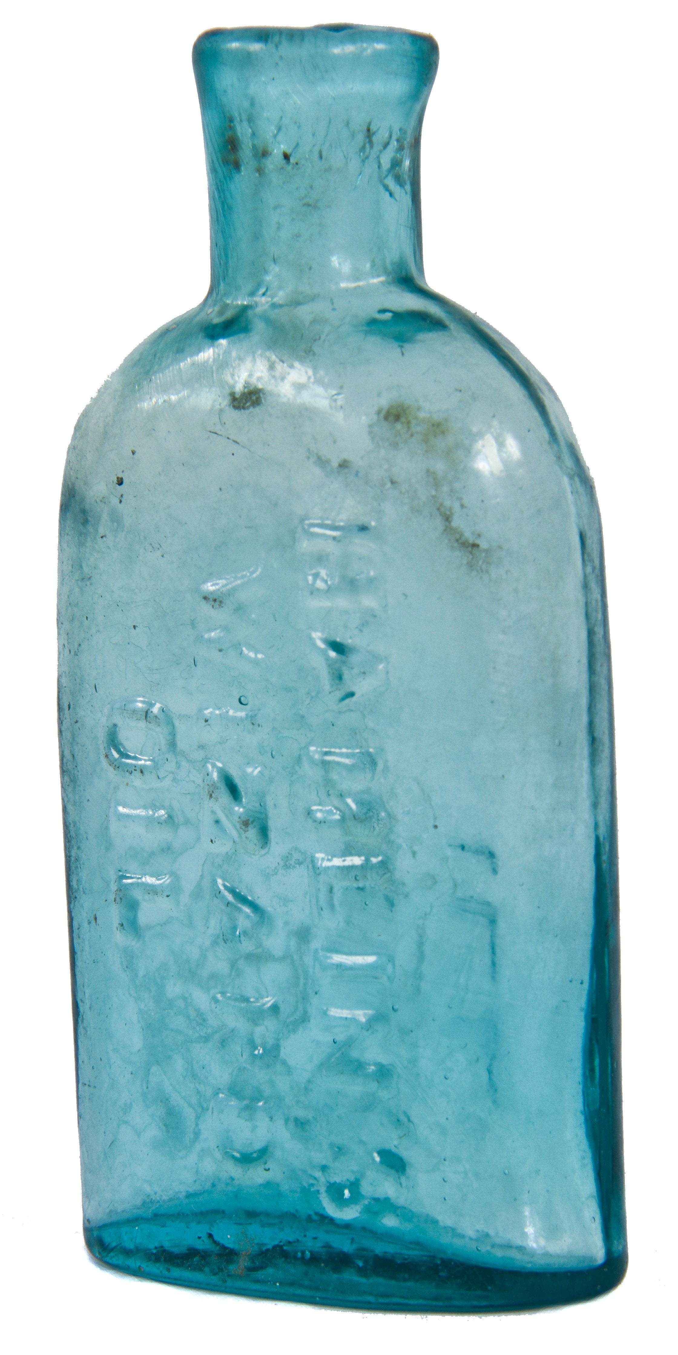 original and intact privy dug crude blue aqua early oval wizard oil patent medicine bottle manufactured for john a. and lysander b. hamlin in chicago il.