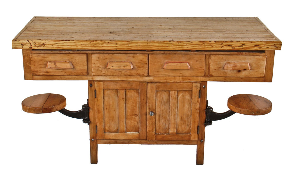 highly sought after original early 20th century american made refinished industrial maple wood students' chemistry desk with fully functional swing-out seats