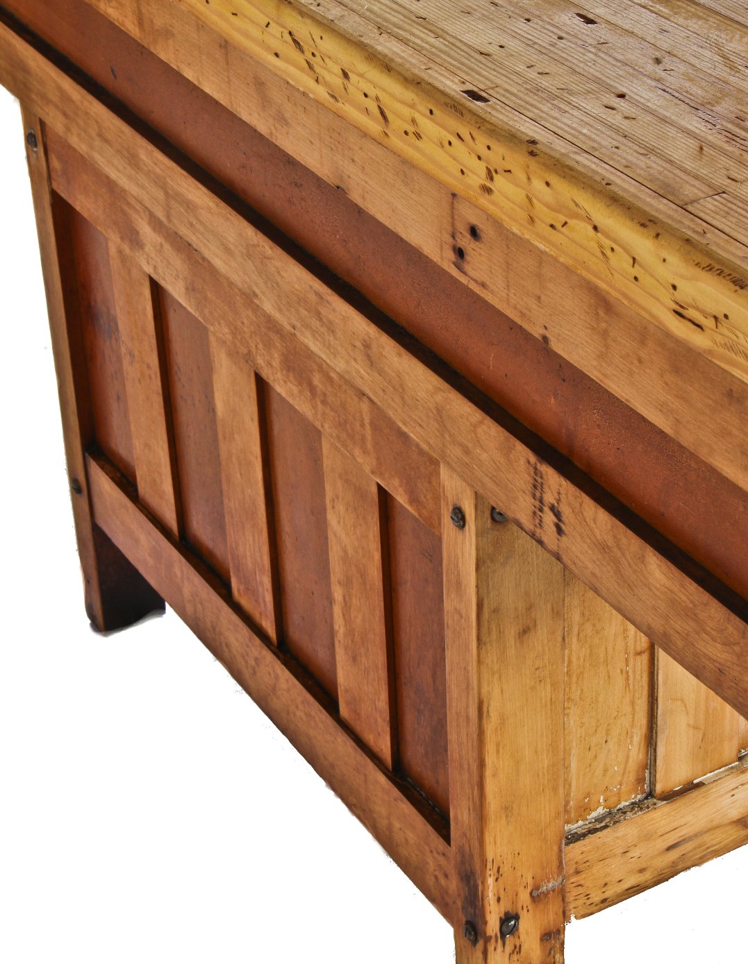 highly sought after original early 20th century american made refinished industrial maple wood students' chemistry desk with fully functional swing-out seats