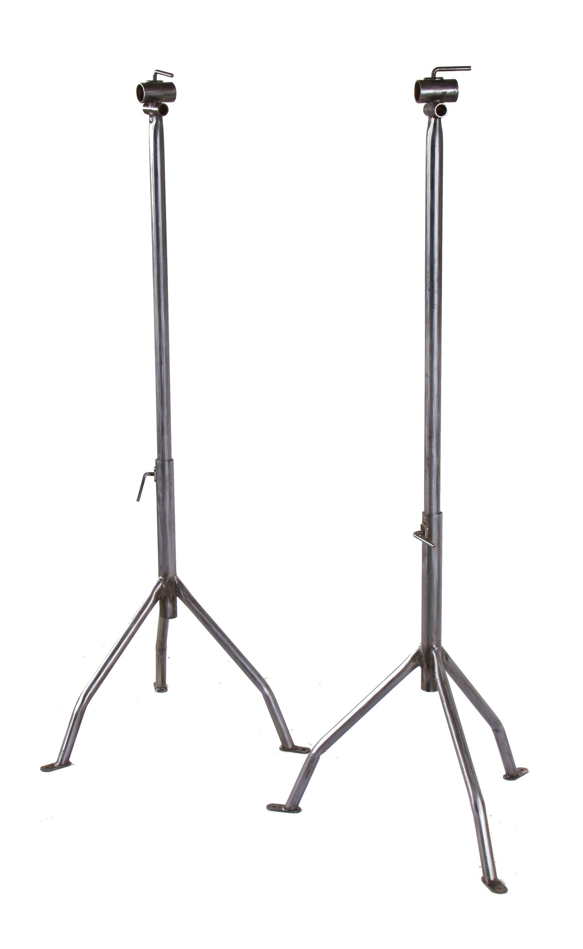 two matching custom-built c. 1930's antique american industrial welded joint bent tubular steel factory machine shop stands with three-legged bases