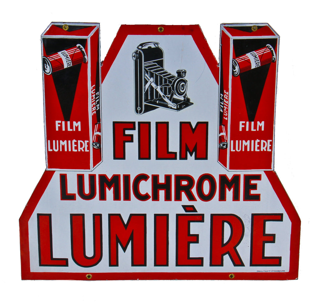 emarkably rare "new old stock" double-sided french art deco porcelain enameled lumichrome film advertising sign