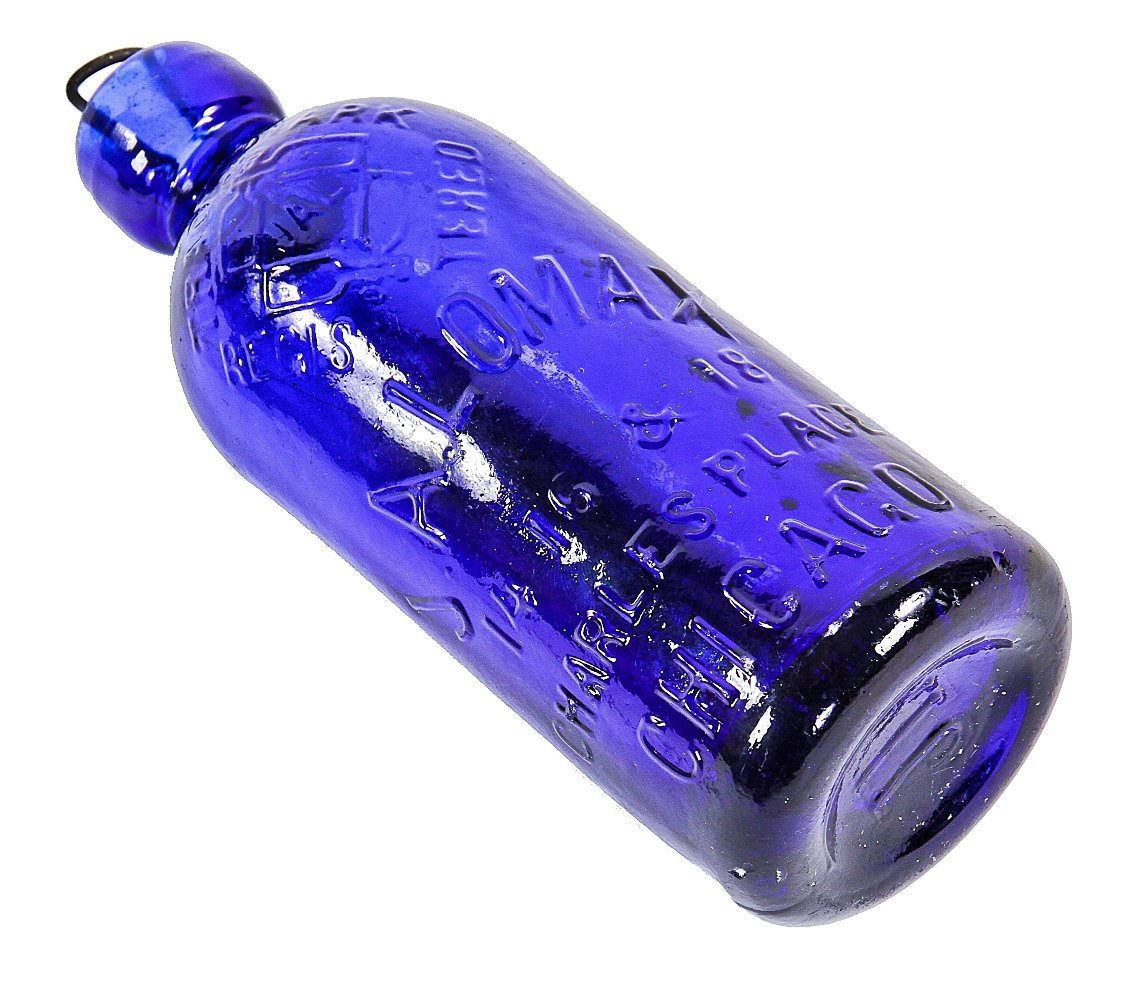 very well-maintained late 1870's or early 1880's richly colored sapphire blue "attic" hutchinson style j.a. lomax blobtop soda bottle with original stopper