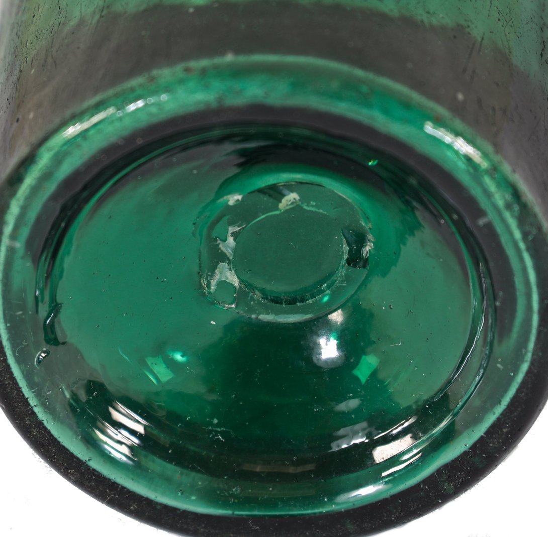 hard to find original and intact c. 1841-1845 antique green open-pontiled john reynolds & company soda bottle with applied tapered edge top or lip