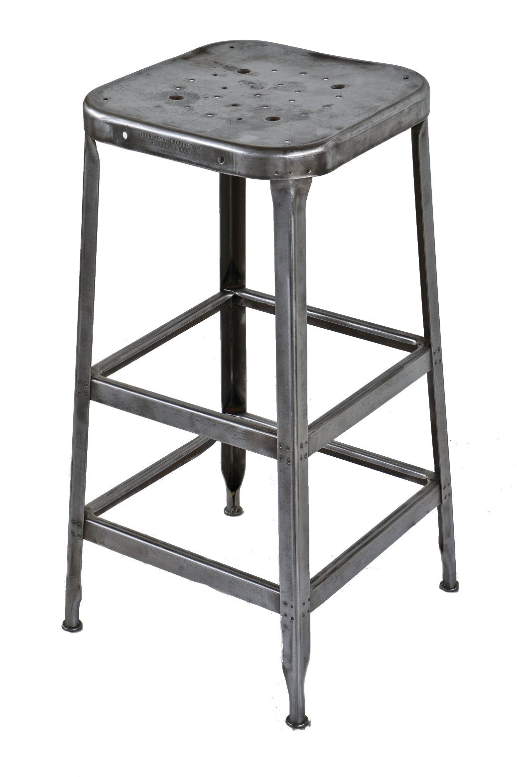refinished pressed and folded american vintage industrial late 1940's full-sized four-legged lyon factory machinist stool with perforated seat