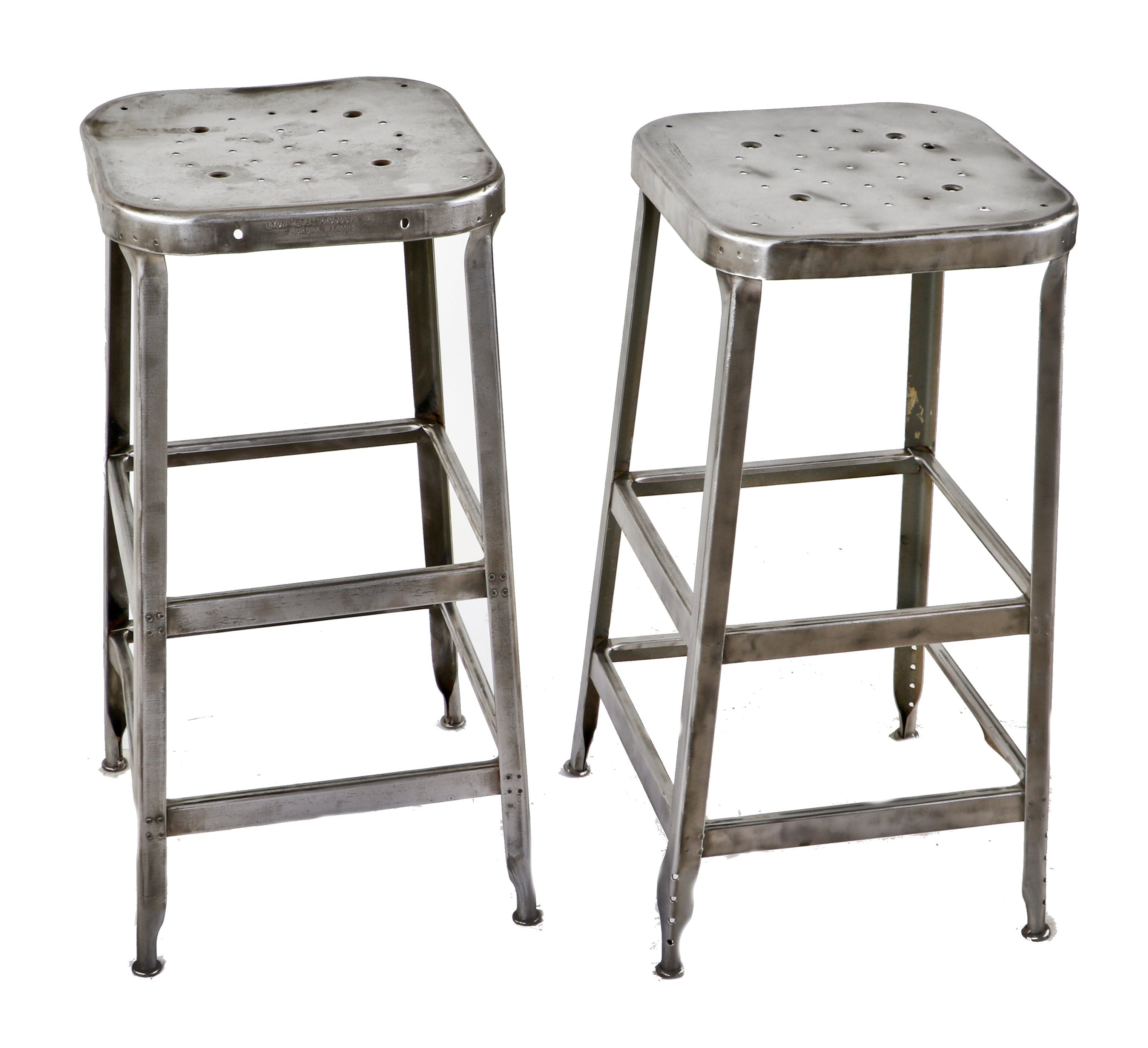 refinished pressed and folded american vintage industrial late 1940's full-sized four-legged lyon factory machinist stool with perforated seat