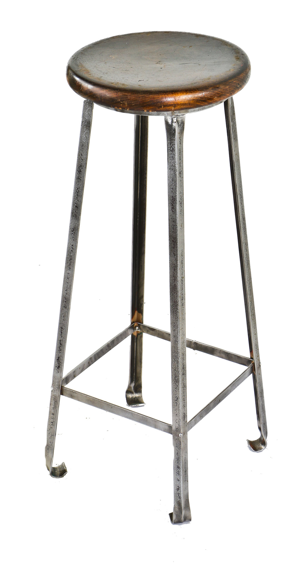 single depression era american made antique industrial four-legged refinished brushed angled metal tall factory machine shop stool with darkly stained wood seat