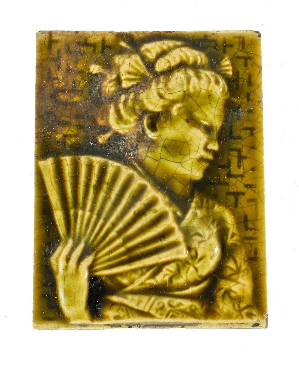 antique american single lightly colored yellow-green majolica glazed costumed geisha girl figural parlor stove ceramic tile with allover crazing