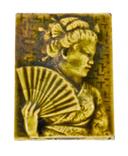 antique american single lightly colored yellow-green majolica glazed costumed geisha girl figural parlor stove ceramic tile with allover crazing