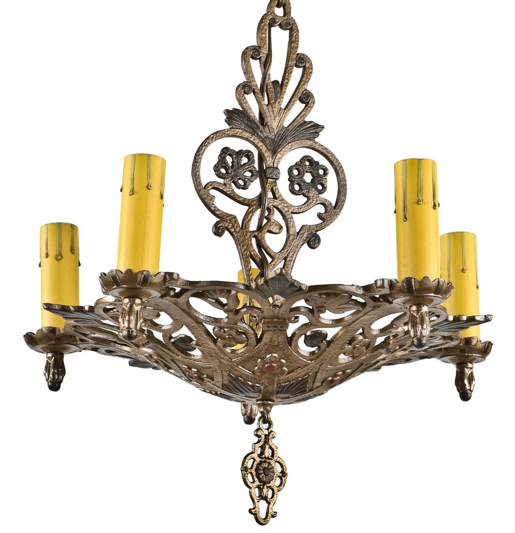 restored american c. 1920-1930 spanish revival style ornamental polychromatic metal five light chandelier with original ceiling canopy and chain
