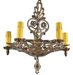 restored american c. 1920-1930 spanish revival style ornamental polychromatic metal five light chandelier with original ceiling canopy and chain