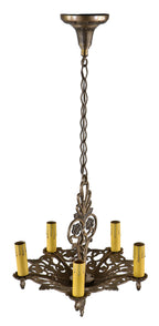 restored american c. 1920-1930 spanish revival style ornamental polychromatic metal five light chandelier with original ceiling canopy and chain