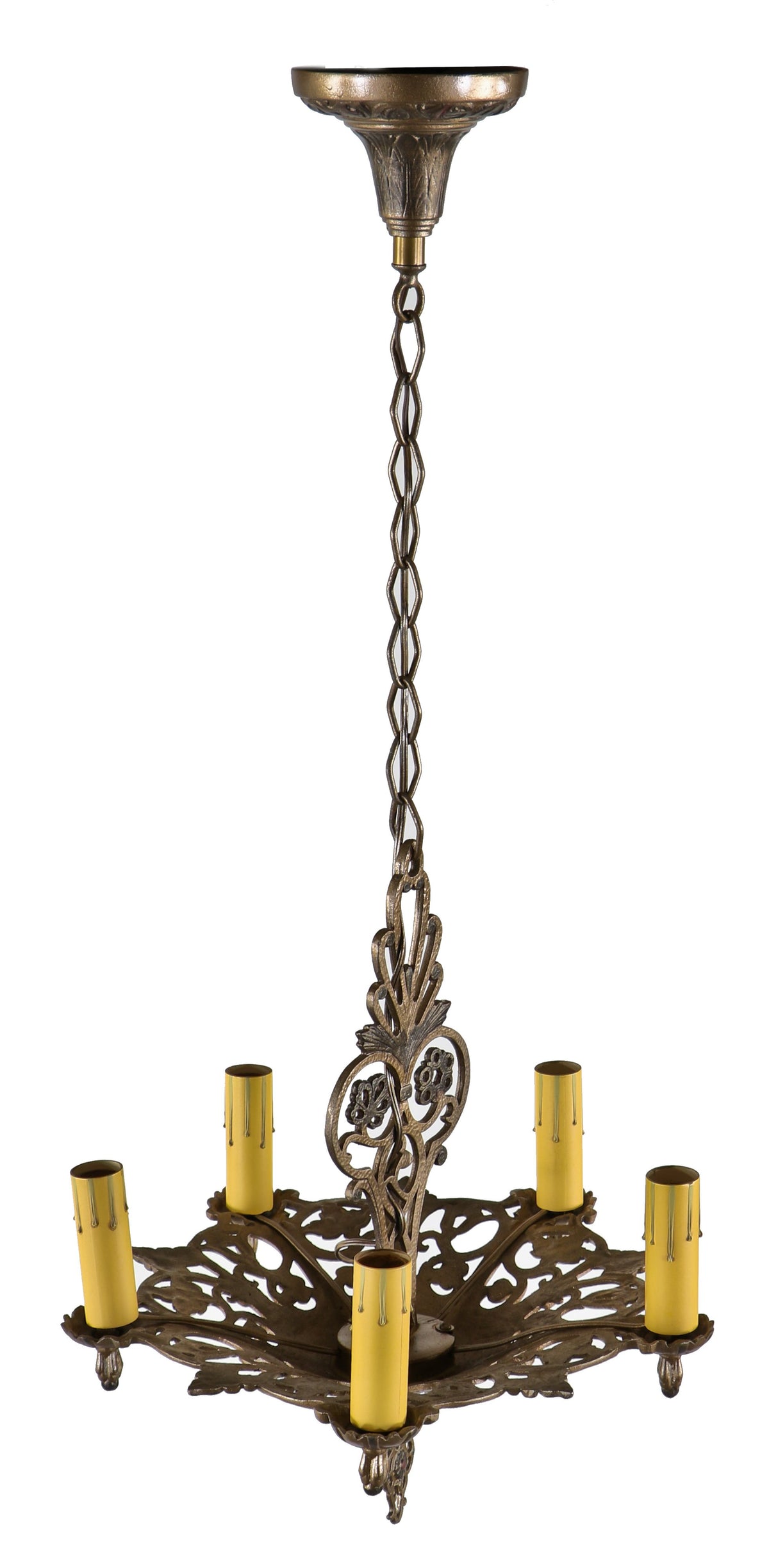 restored american c. 1920-1930 spanish revival style ornamental polychromatic metal five light chandelier with original ceiling canopy and chain