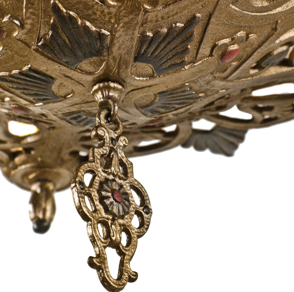restored american c. 1920-1930 spanish revival style ornamental polychromatic metal five light chandelier with original ceiling canopy and chain