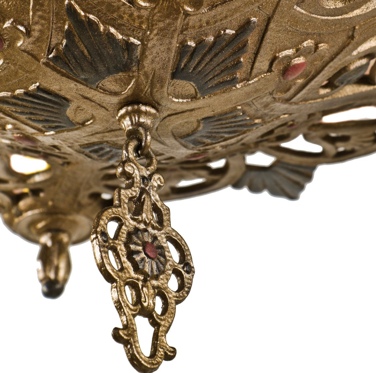 restored american c. 1920-1930 spanish revival style ornamental polychromatic metal five light chandelier with original ceiling canopy and chain