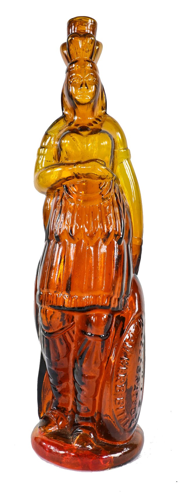 original and largely intact c. 1870's american antique medical "indian queen" browns celebrated indian herb bitters amber colored full-figure bottle