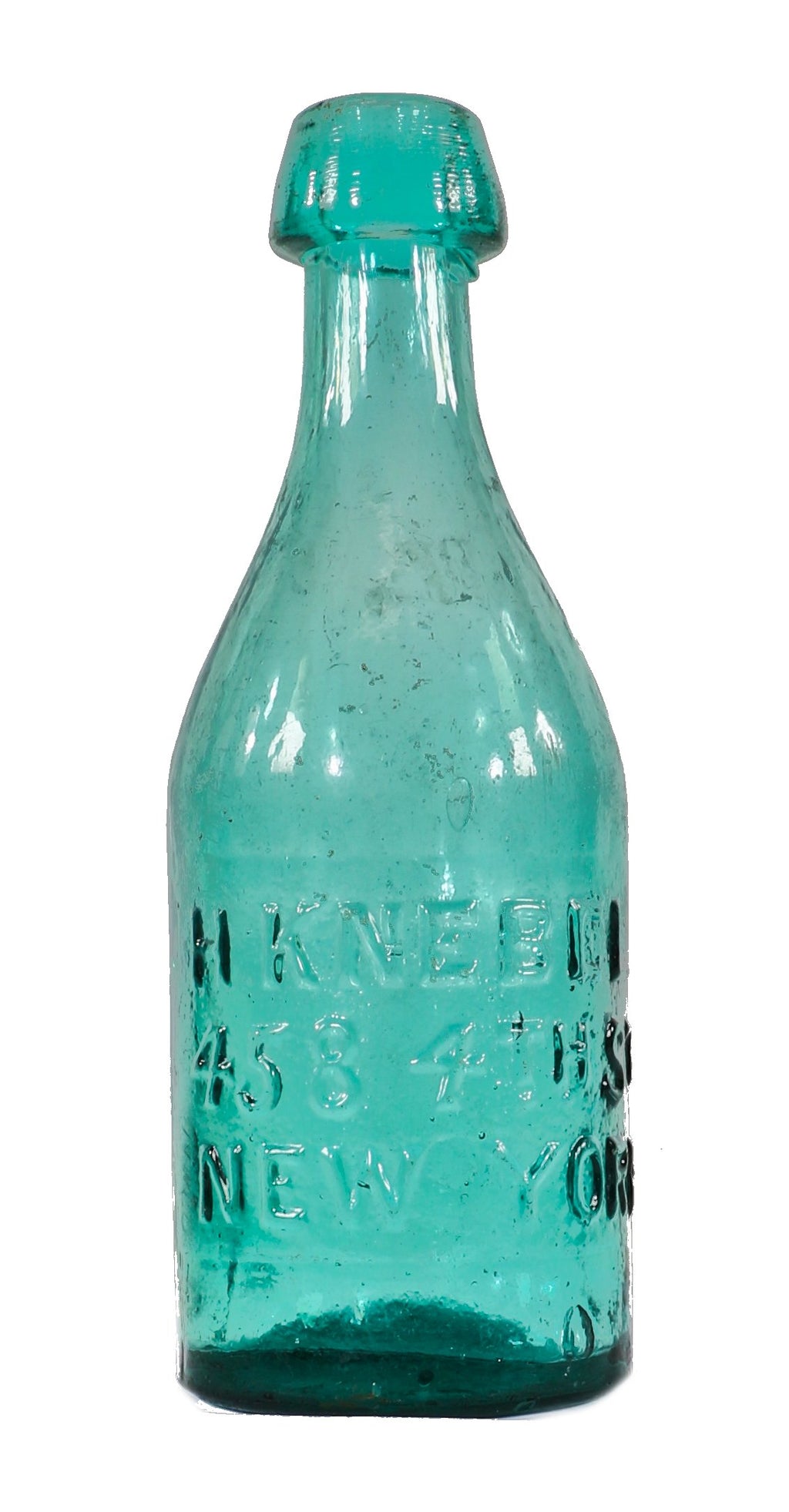 original and intact mid-nineteenth century american teal blue green glass henry knebel soda or mineral water bottle with applied blobtop