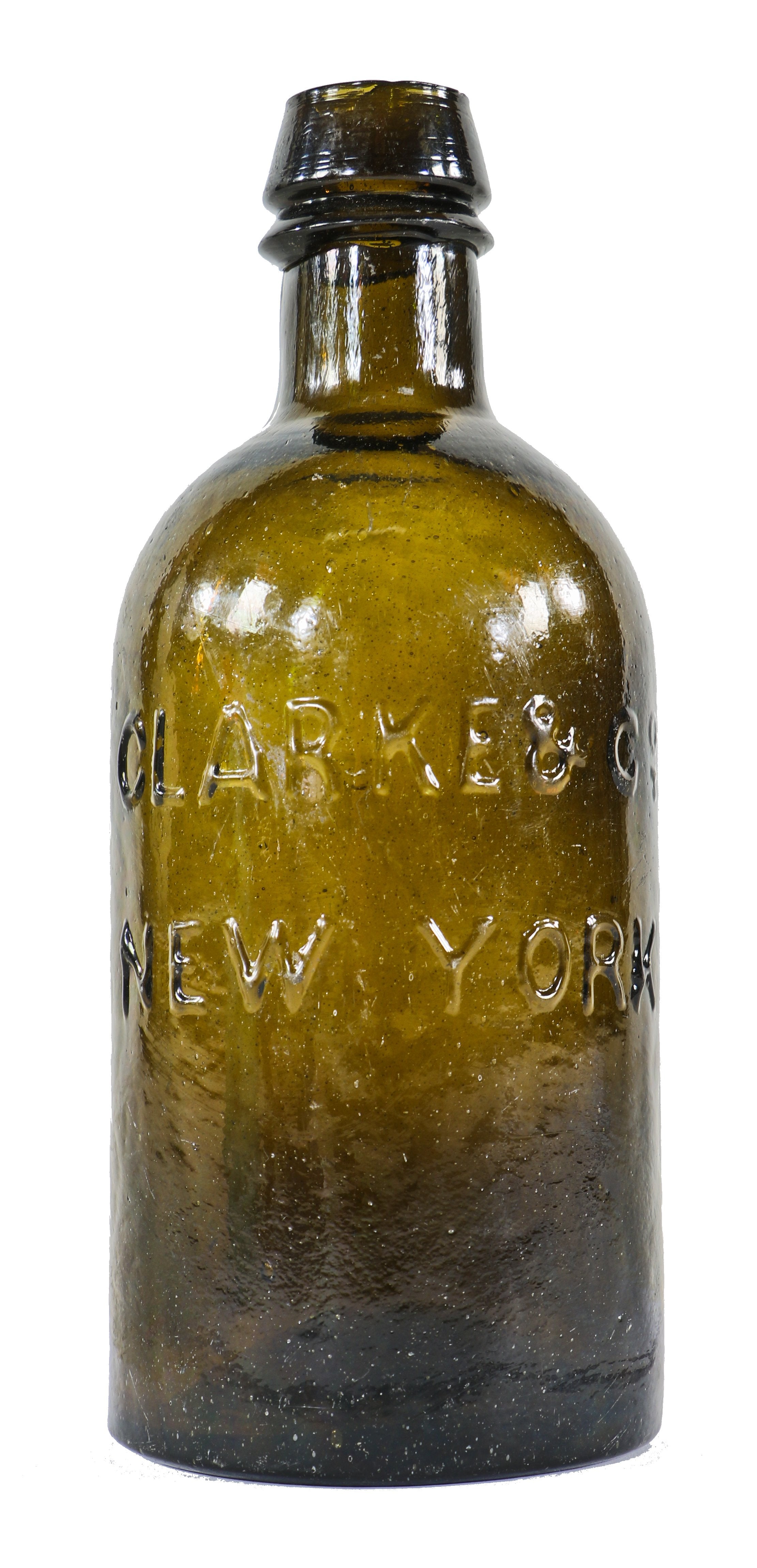 single rare mid-nineteenth century antique american dark olive amber saratoga pint bottle manufactured for clarke & co, new york.