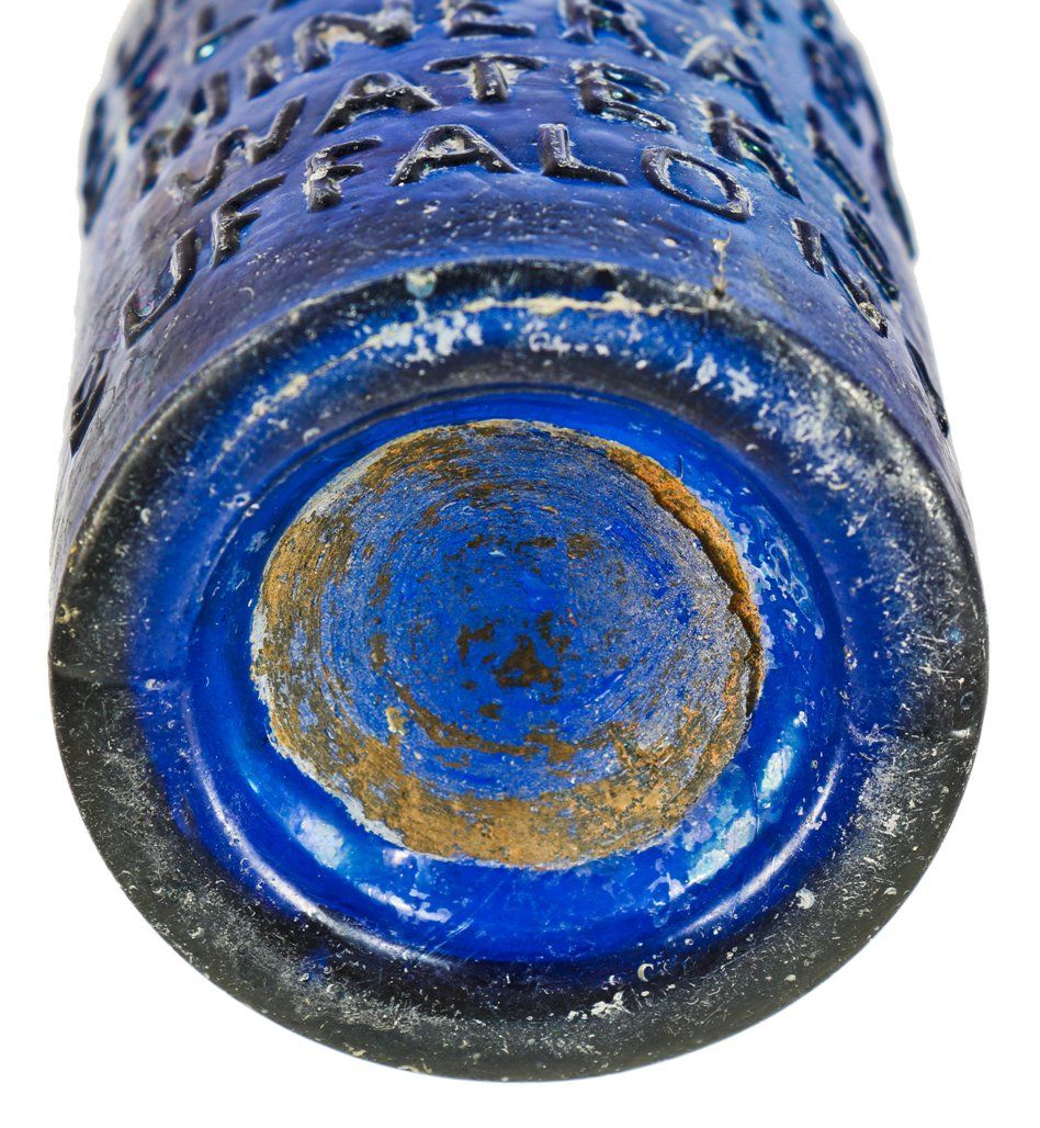late 1840's richly colored cobalt blue glass burr & water "celebrated mineral waters" iron pontiled soda bottle discovered near chicago's wolf point