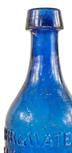 late 1840's richly colored cobalt blue glass burr & water "celebrated mineral waters" iron pontiled soda bottle discovered near chicago's wolf point
