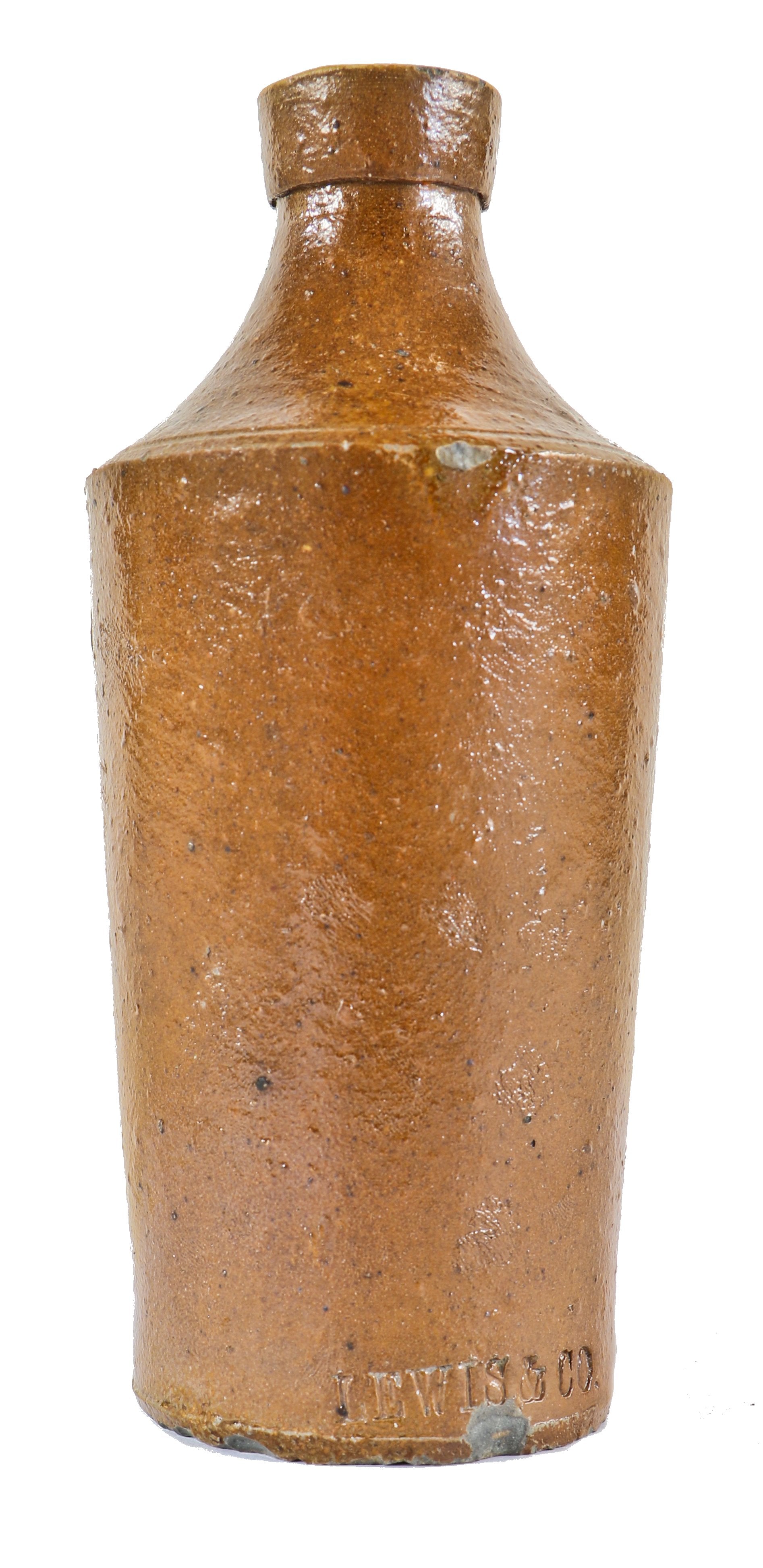 rare and original mid-nineteenth century wolf point privy-dug hand thrown mead style pottery bottle fabricated by lewis & co., of louisville, kentucky