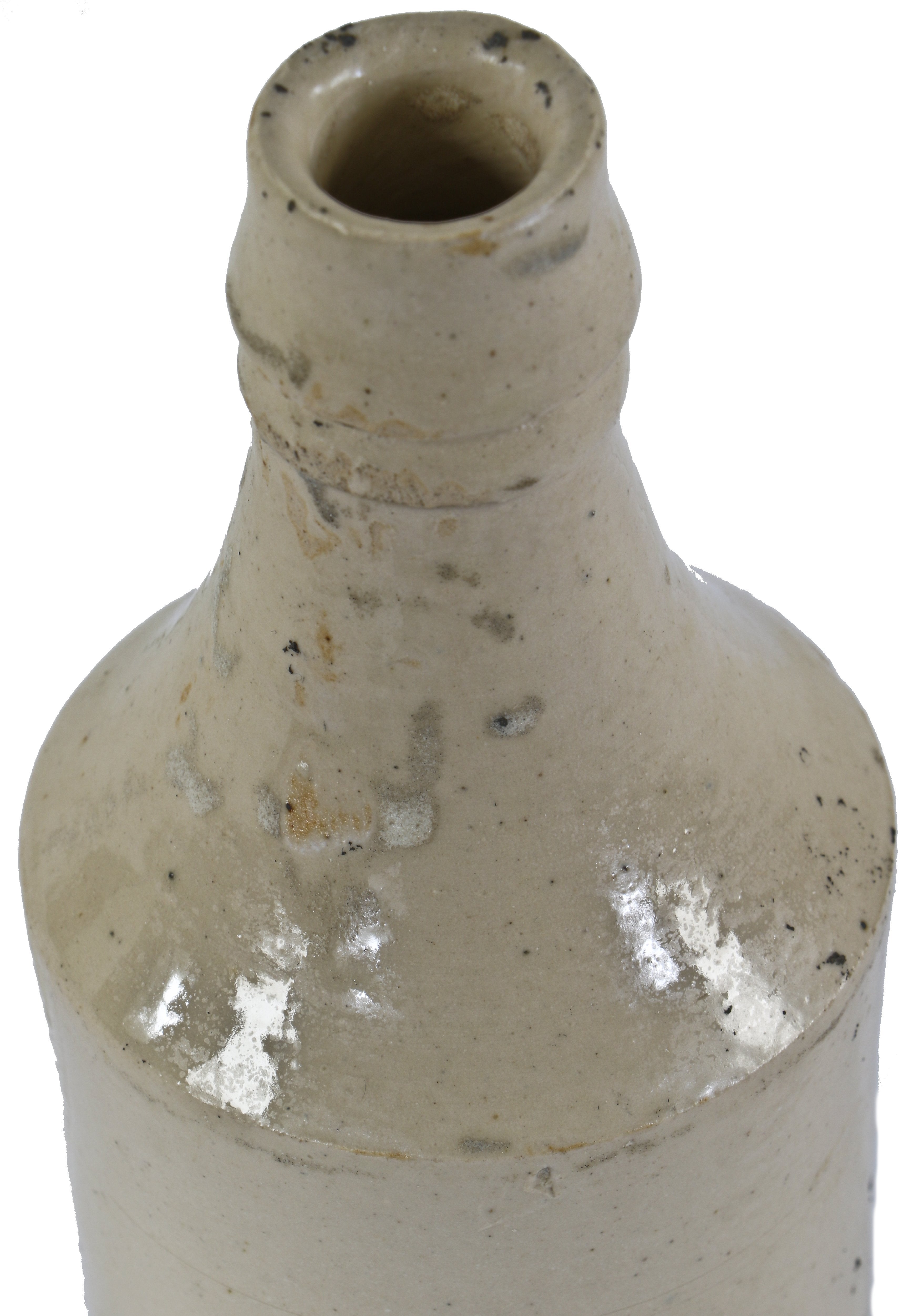 hard to find original and intact cream colored glazed stoneware mead style pottery bottle of unknown origin.