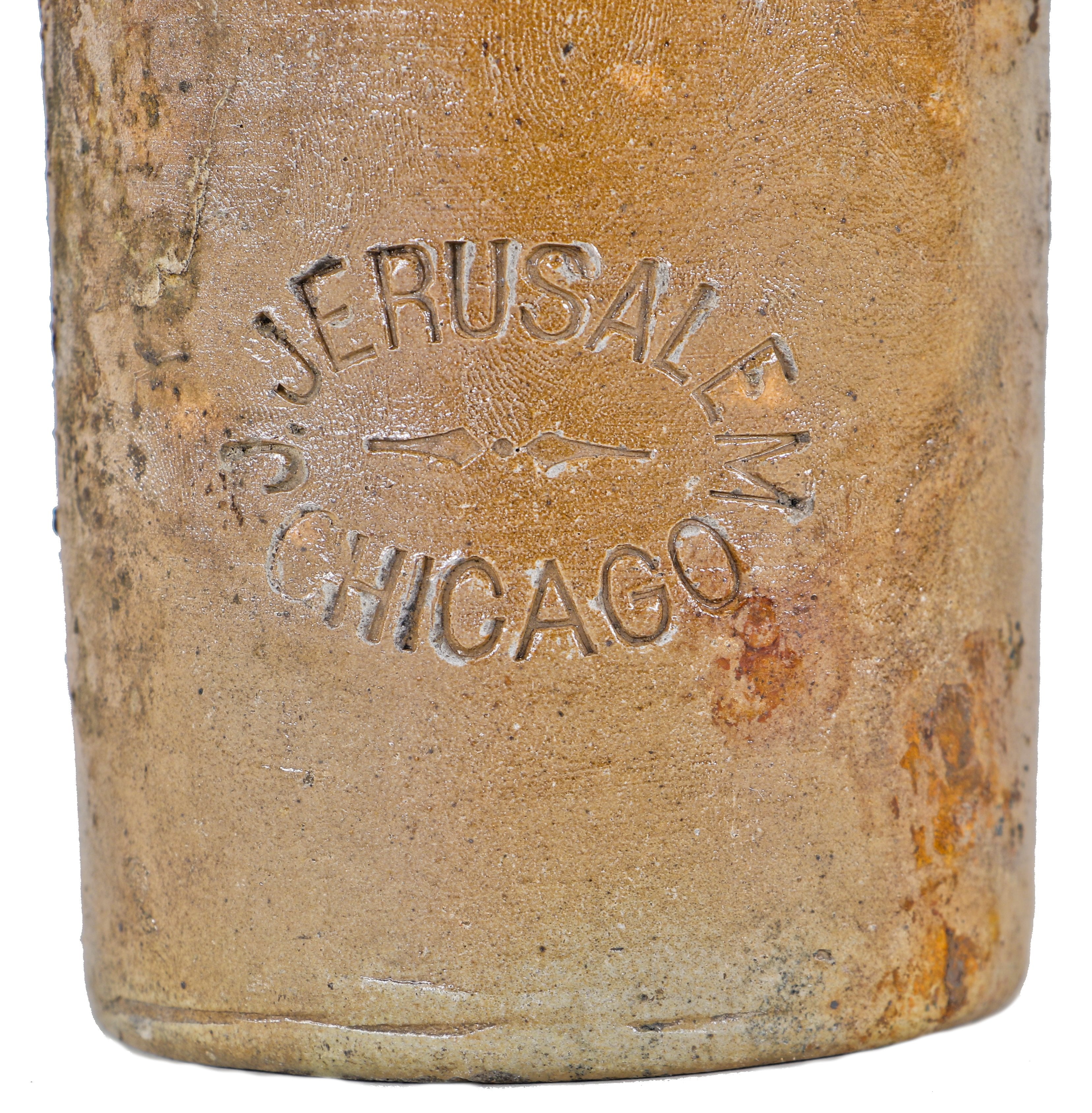 original c. early 1860's antique american privy dug chicago salt glazed stoneware beer bottle featuring a faded cobalt blue lip manufactured for joseph jerusalem