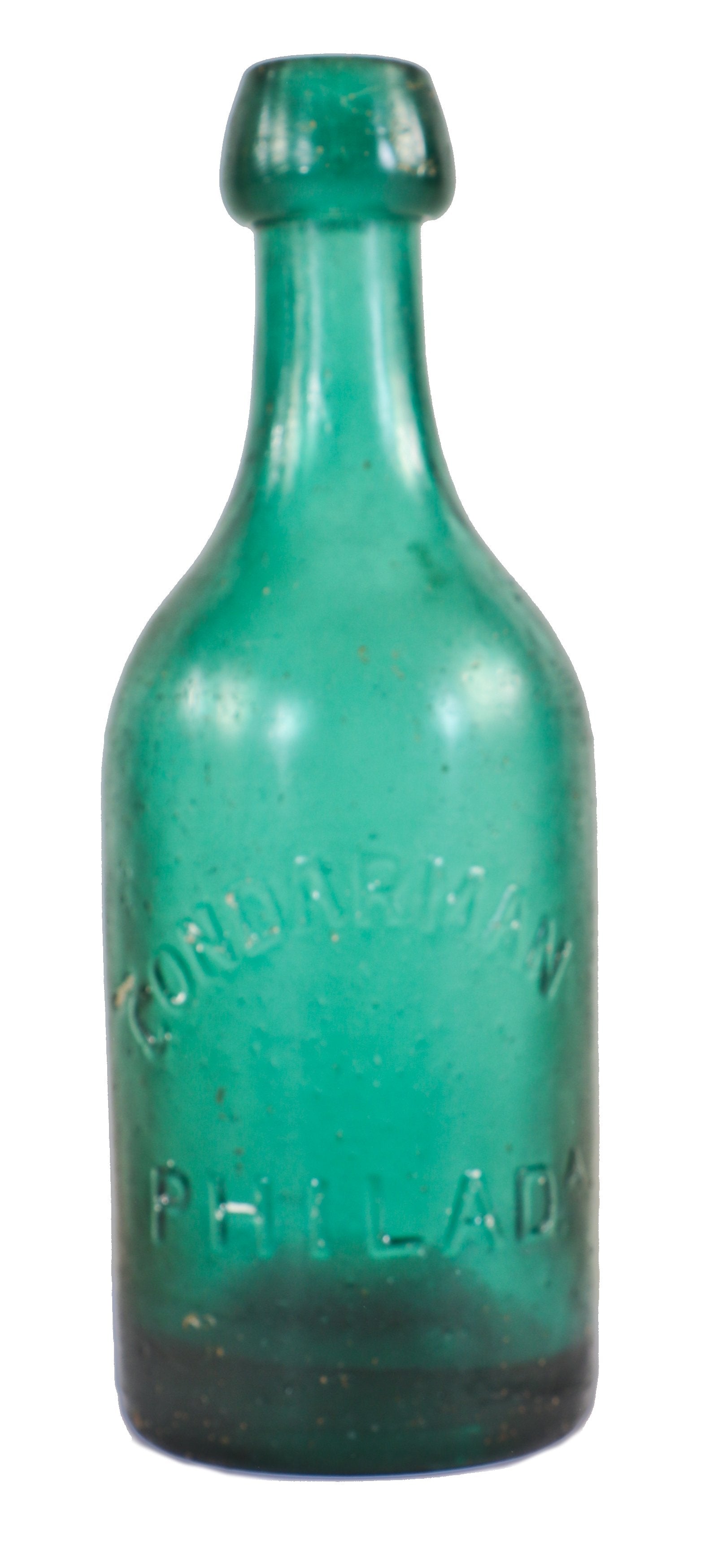 c. 1856-58 original american made richly colored emerald green condarman philadelphia mineral or soda water bottle with oval-shaped applied blob top