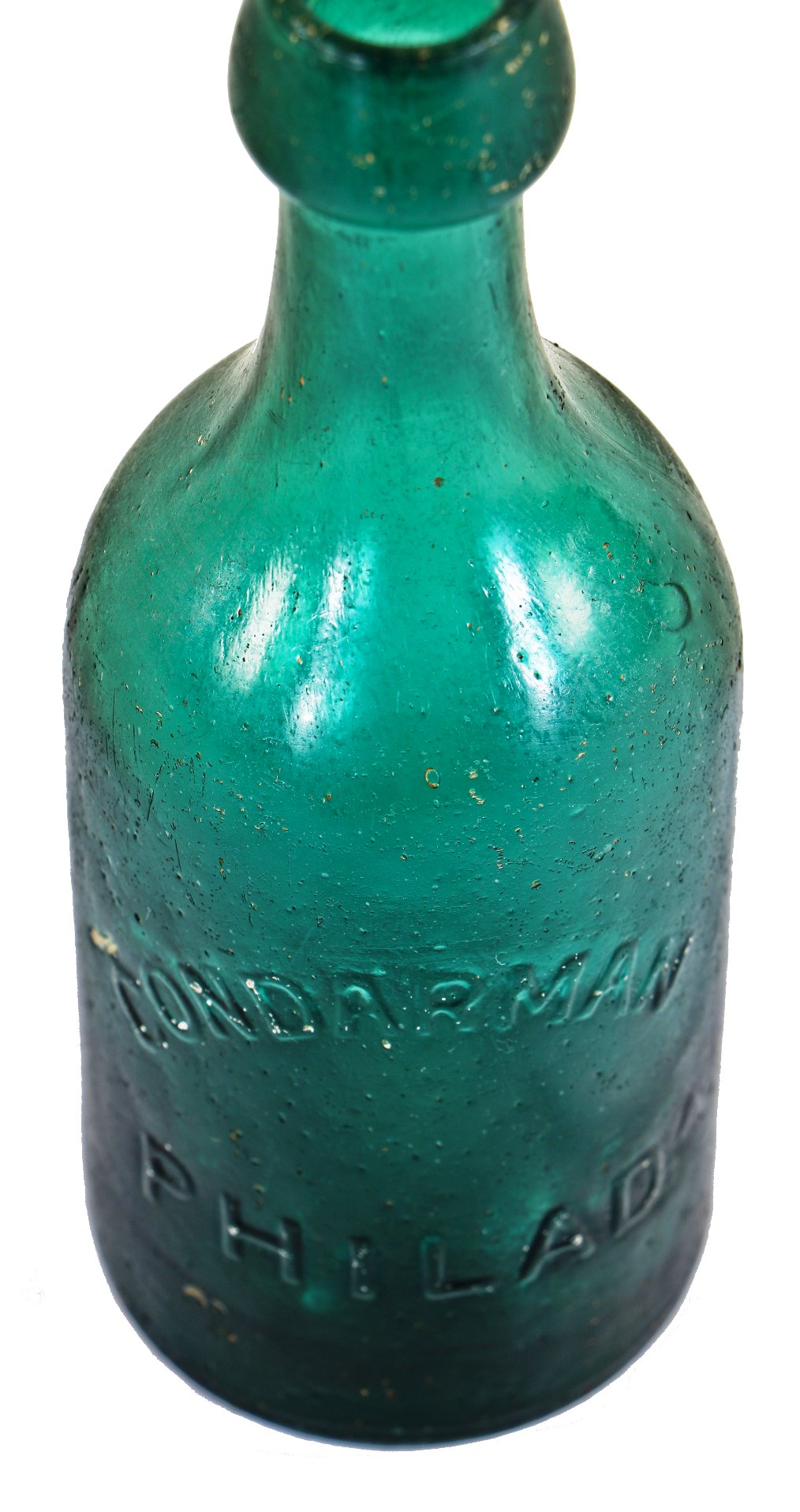 c. 1856-58 original american made richly colored emerald green condarman philadelphia mineral or soda water bottle with oval-shaped applied blob top