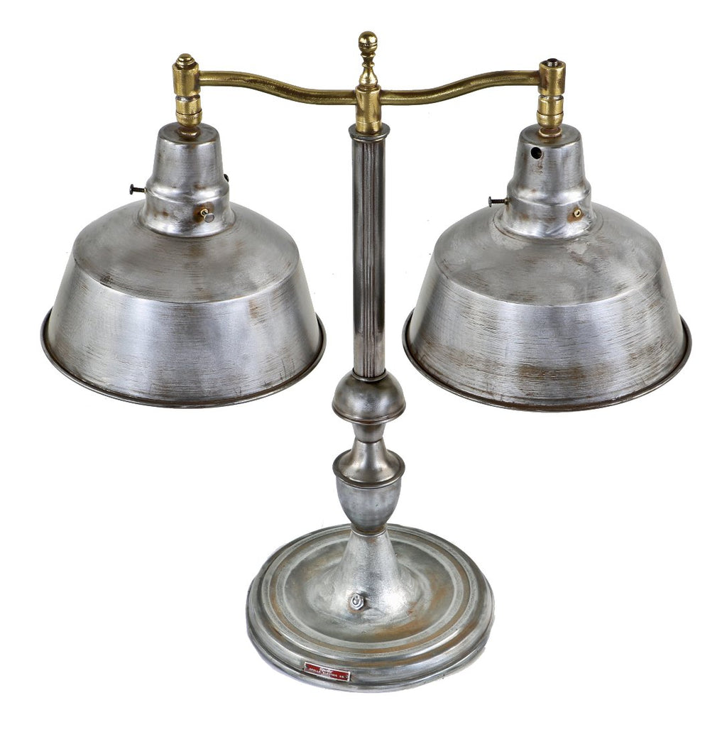 refinished c 1930's american antique industrial fanciful brushed steel weighted library or student's desk lamp with deep bowl rolled rim shades
