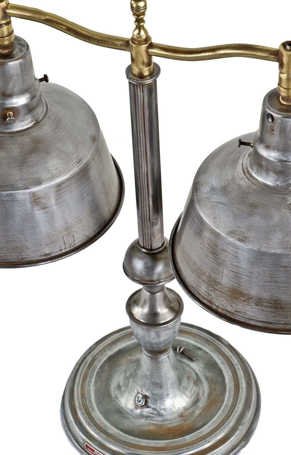 refinished c 1930's american antique industrial fanciful brushed steel weighted library or student's desk lamp with deep bowl rolled rim shades