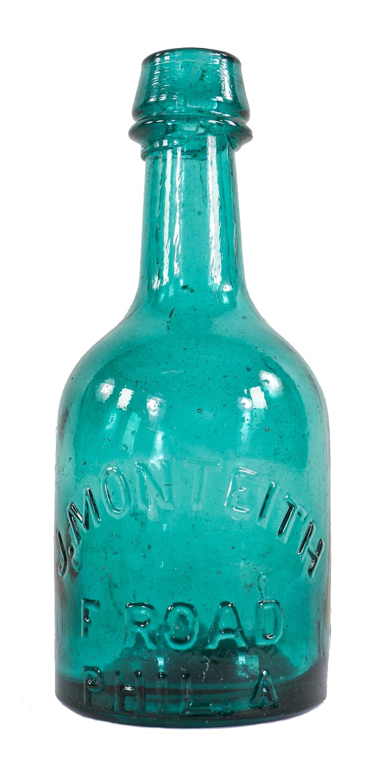 original and intact c. 1850's vibrantly colored teal blue glass porter-shaped privy dug soda or mineral glass bottle manufactured for philadelphia bottler james monteith