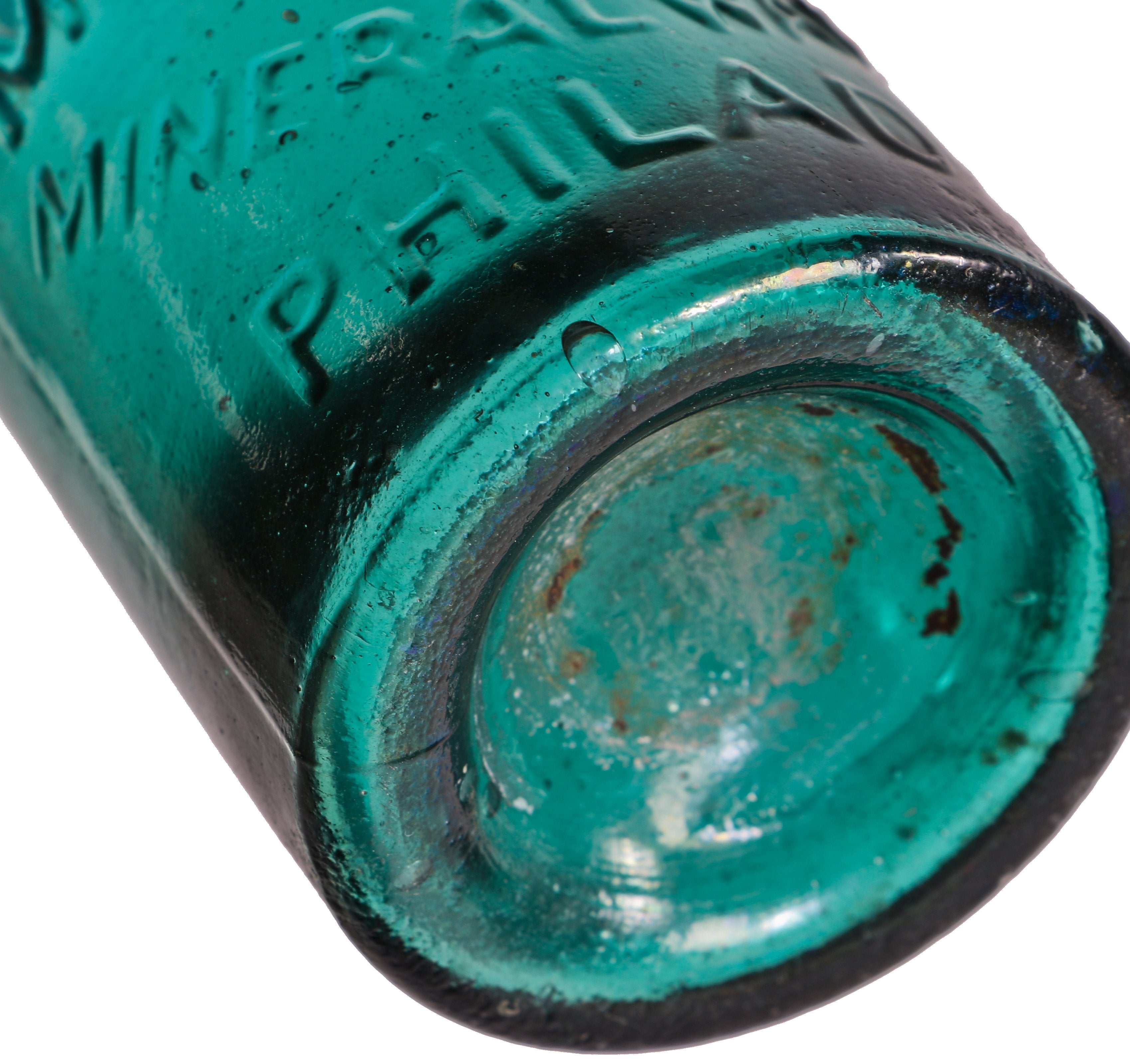 original c. 1850's antique american emerald green glass iron-pontiled privy dug mccauley mineral water bottle with applied taper top