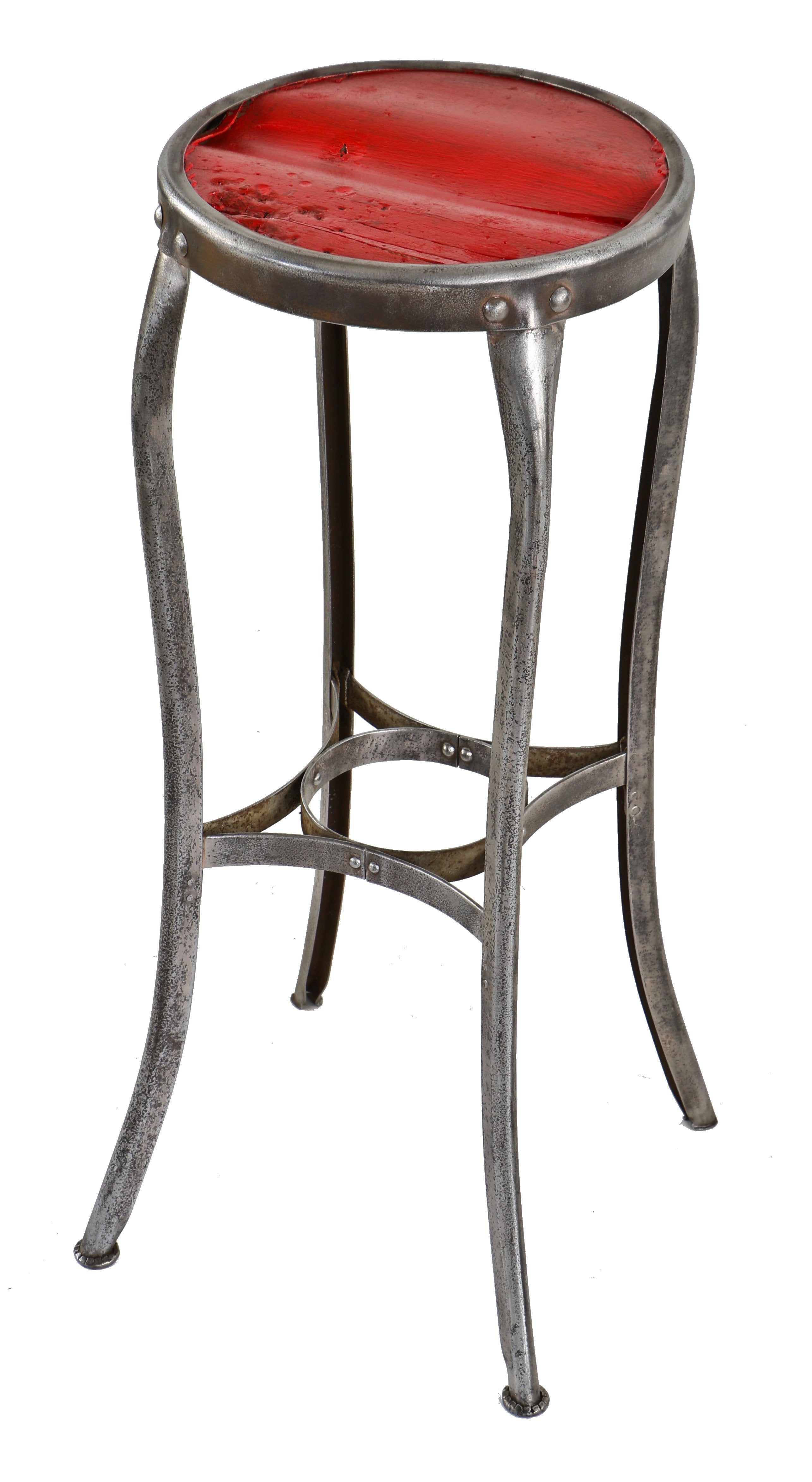 original early 20th century tall pressed and folded american made industrial brushed steel "uhl art" soda fountain stool with red painted wood seat