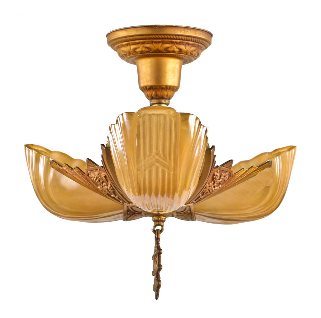 original c. 1935 american antique depression era art deco three-light electric residential ceiling fixture with "chevron" pattern iridescent glass slip shades