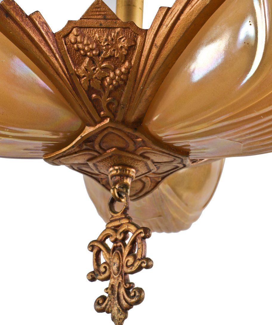 original c. 1935 american antique depression era art deco three-light electric residential ceiling fixture with "chevron" pattern iridescent glass slip shades