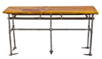 original and intact c. 1930's antique american industrial long and narrow laboratory bench with heavy duty tubular steel base and birch wood tabletop