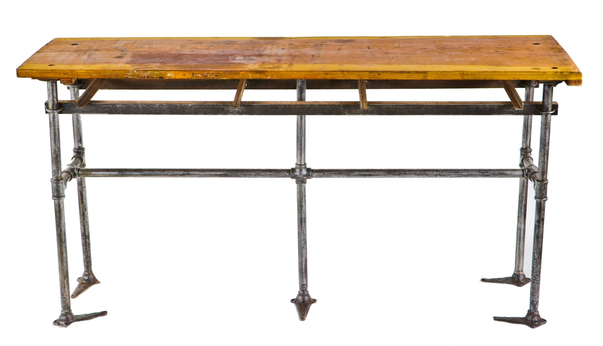 original and intact c. 1930's antique american industrial long and narrow laboratory bench with heavy duty tubular steel base and birch wood tabletop