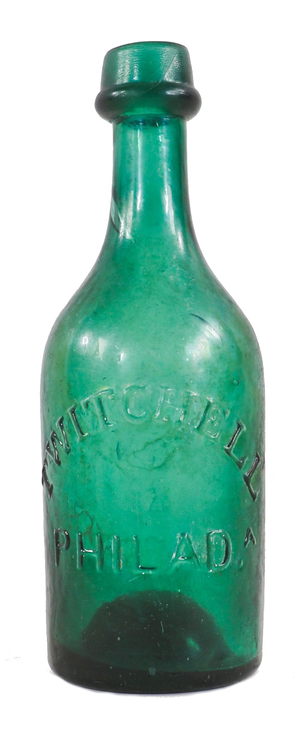original c. 1855-57 antique american hand blown emerald green glass twitchell superior mineral water iron pontiled bottle with single round ring