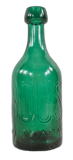 original c. 1856-7 intact emerald green iron pontiled e. roussel soda water bottle featuring lightly embossed giant block lettering