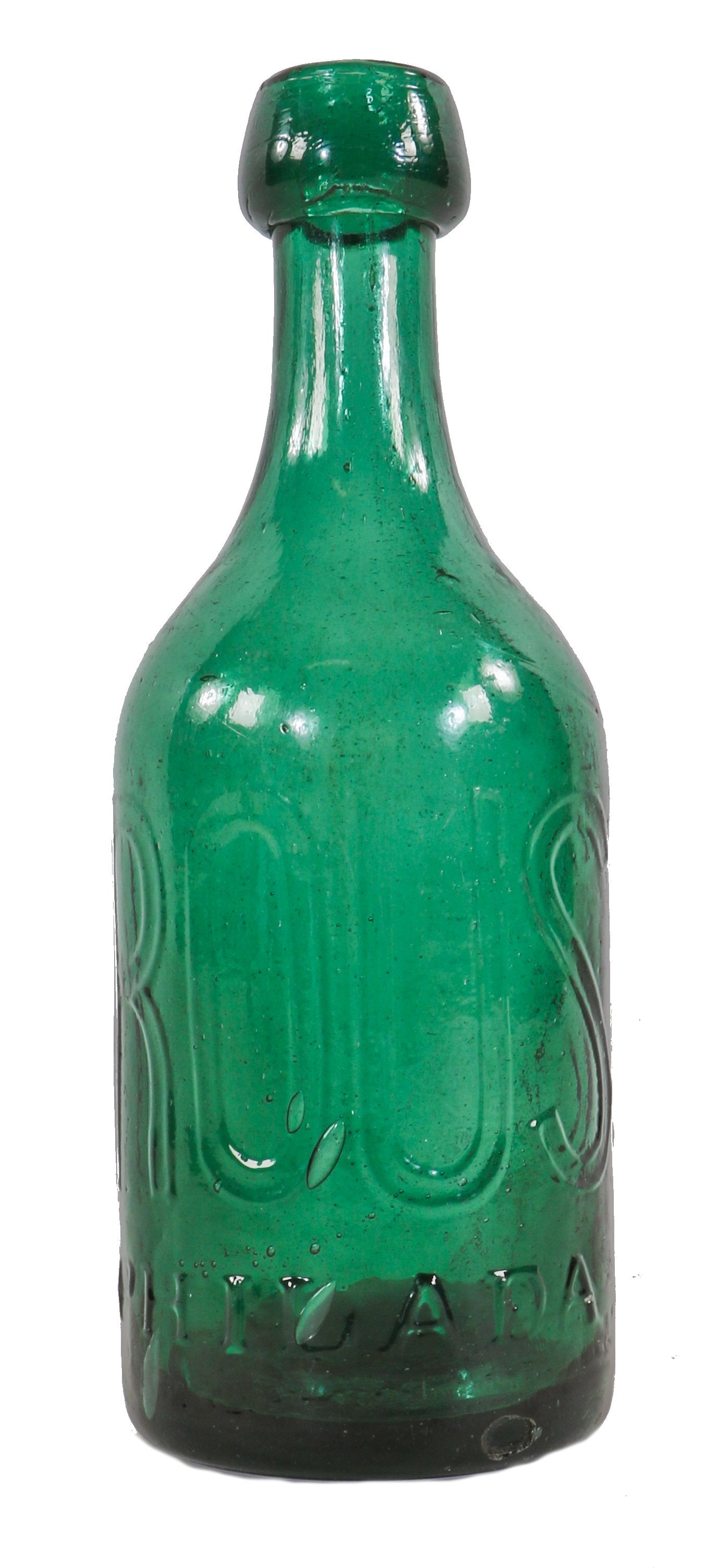 original c. 1856-7 intact emerald green iron pontiled e. roussel soda water bottle featuring lightly embossed giant block lettering