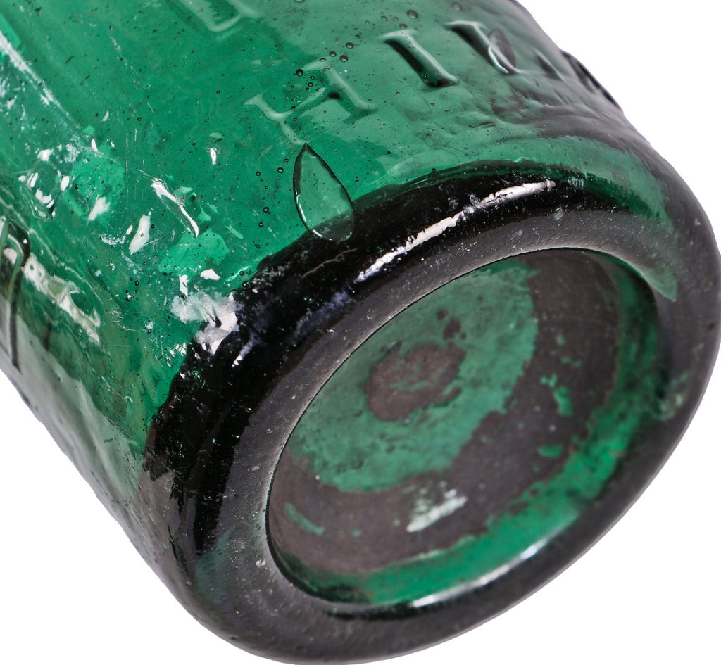 original c. 1856-7 intact emerald green iron pontiled e. roussel soda water bottle featuring lightly embossed giant block lettering
